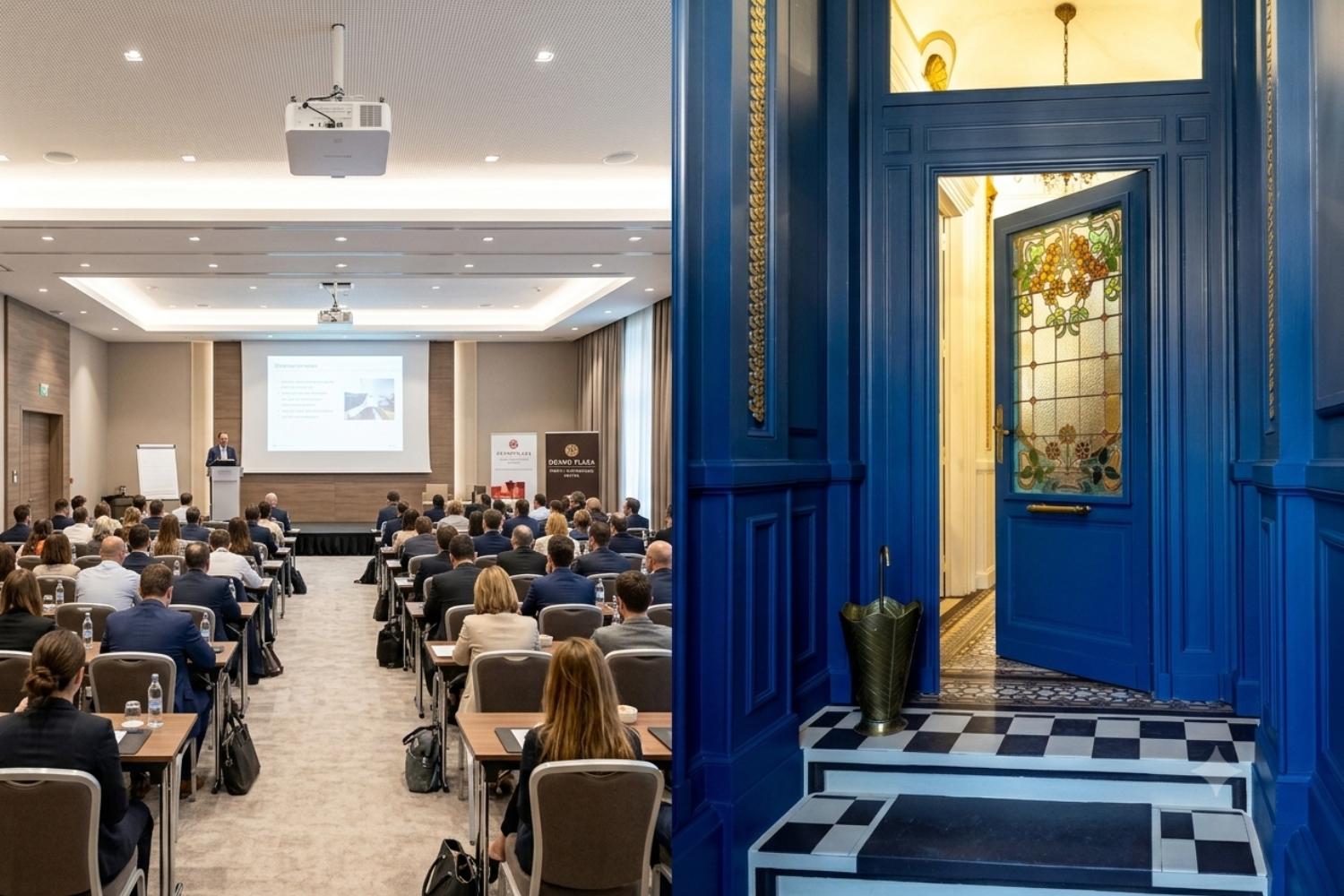 Une salle de conférence d'hôtel et la porte qui mène à Hôtentique, lieu atypique